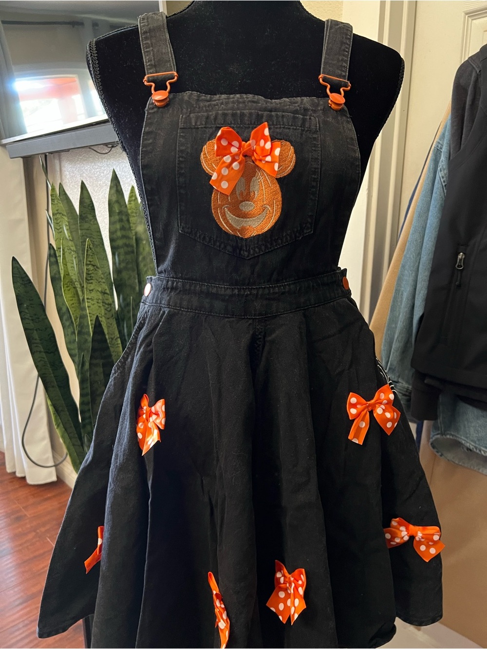 Her Universe Minnie Mouse Halloween Overall Skort with Orange Polka Dot Bows